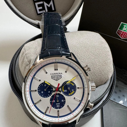 TAG Heuer Carrera Chronograph – Silver & Blue | Leather Strap