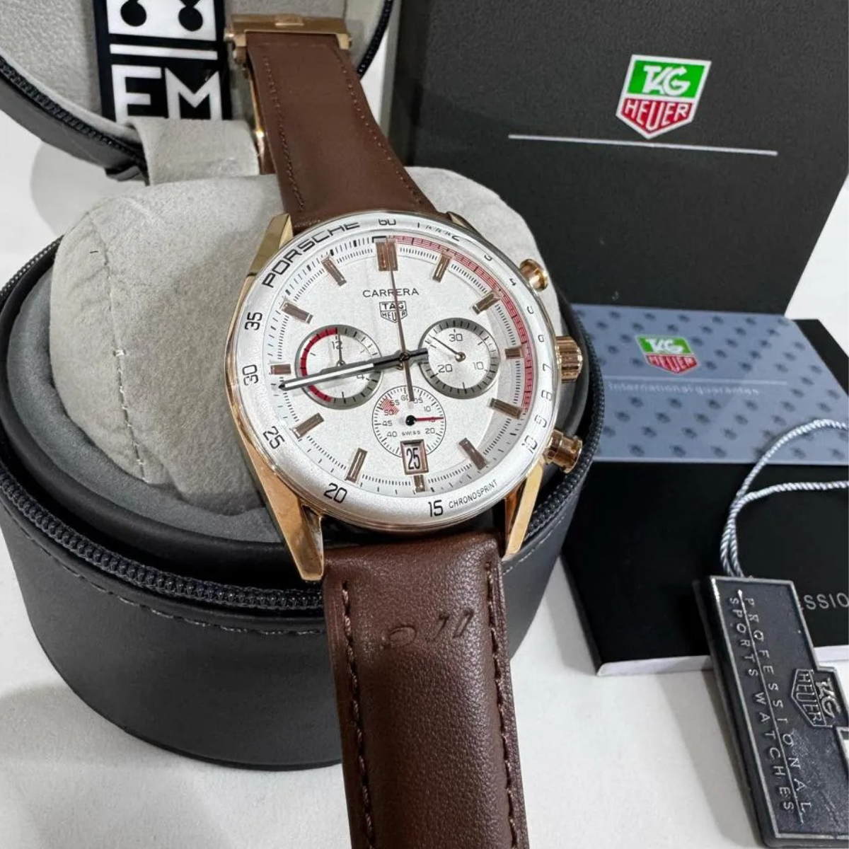 TAG Heuer Carrera Chronosprint – Silver/Red – Brown Leather Strap